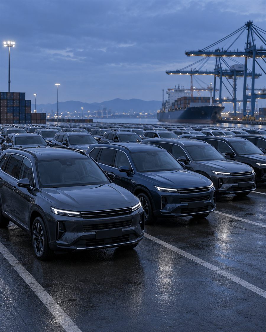Rows of vehicles waiting at a Korean export terminal with a container vessel behind