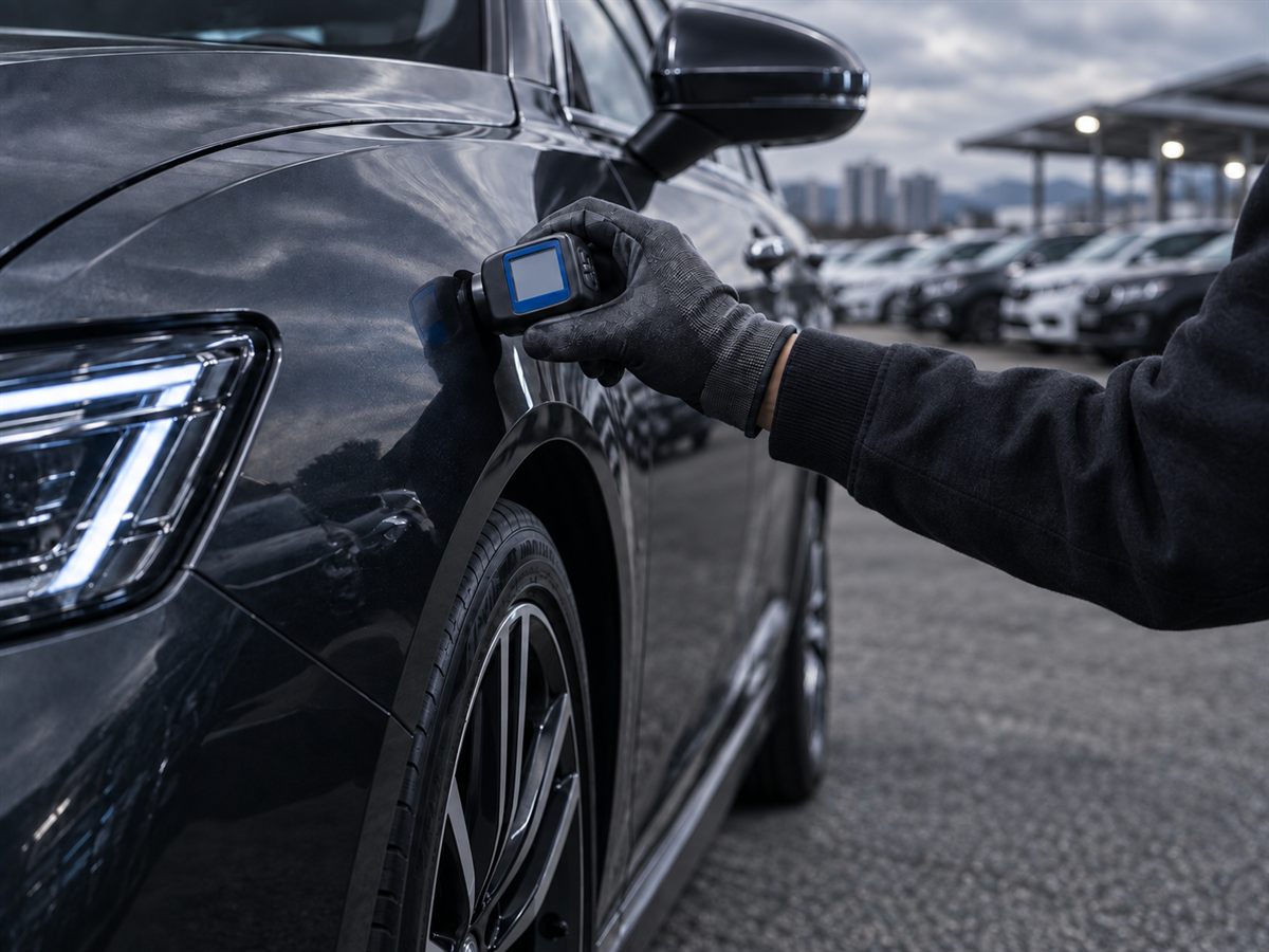 Paint thickness gauge being used on a vehicle body before shipment