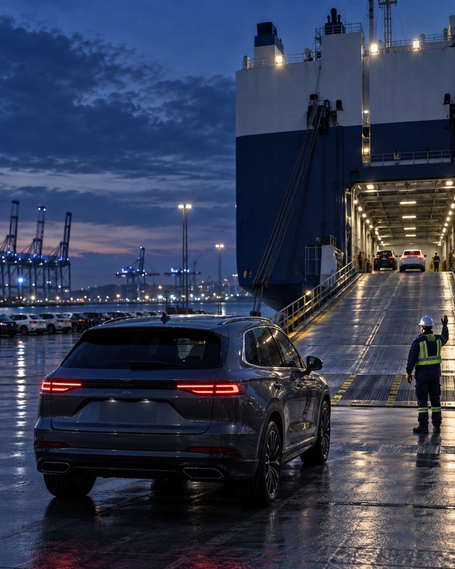 A vehicle being guided up the ramp onto a RoRo vessel at a Korean port